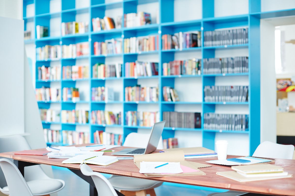 Acoustic wall panels used in a library