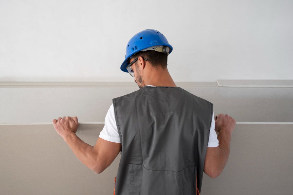 Construction worker ready to transport gypsum board